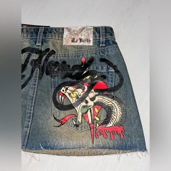 BNWT!! Ed Hardy Blue Denim Skirt with Graphic Design